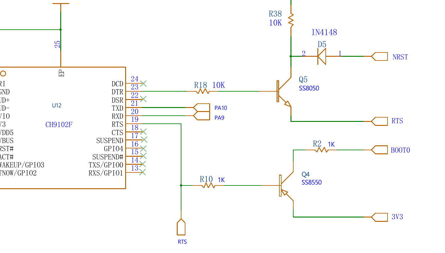 Auto-download circuit: CH9102F DTR and RTS drive Q5 (NRST) and Q4 (BOOT0)